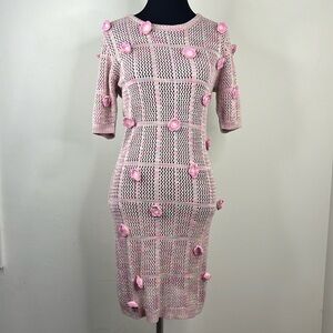 ALLISON Pink Knit Embroidered Flowers Dress S
